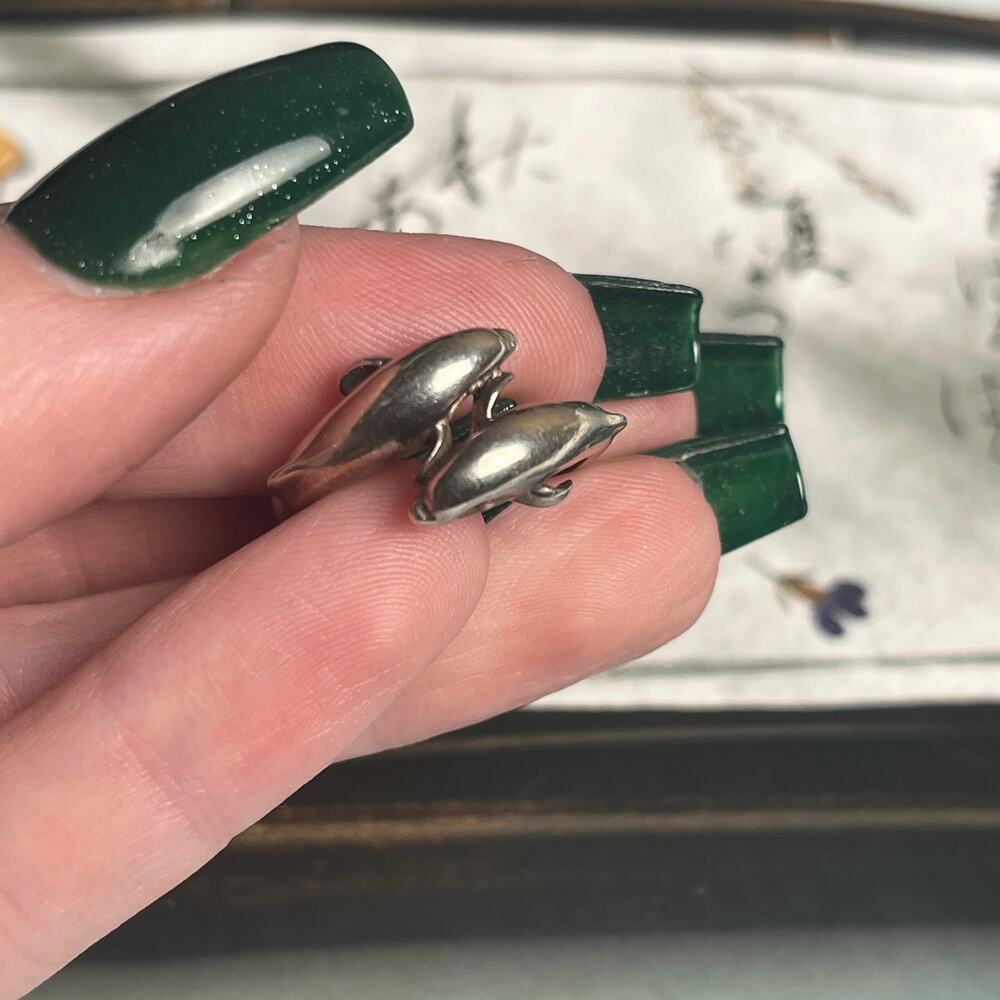 Vintage 90s 925 Sterling Silver Twin Leaping Dolphins Animal Beach Ring